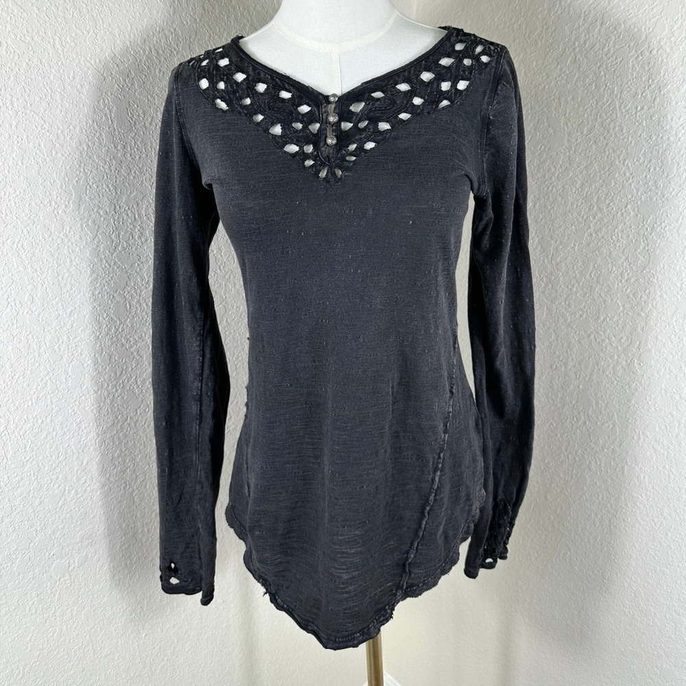 Free People Long Sleeve Top Women Small Black Crochet Lace Boho Grunge 90s Style